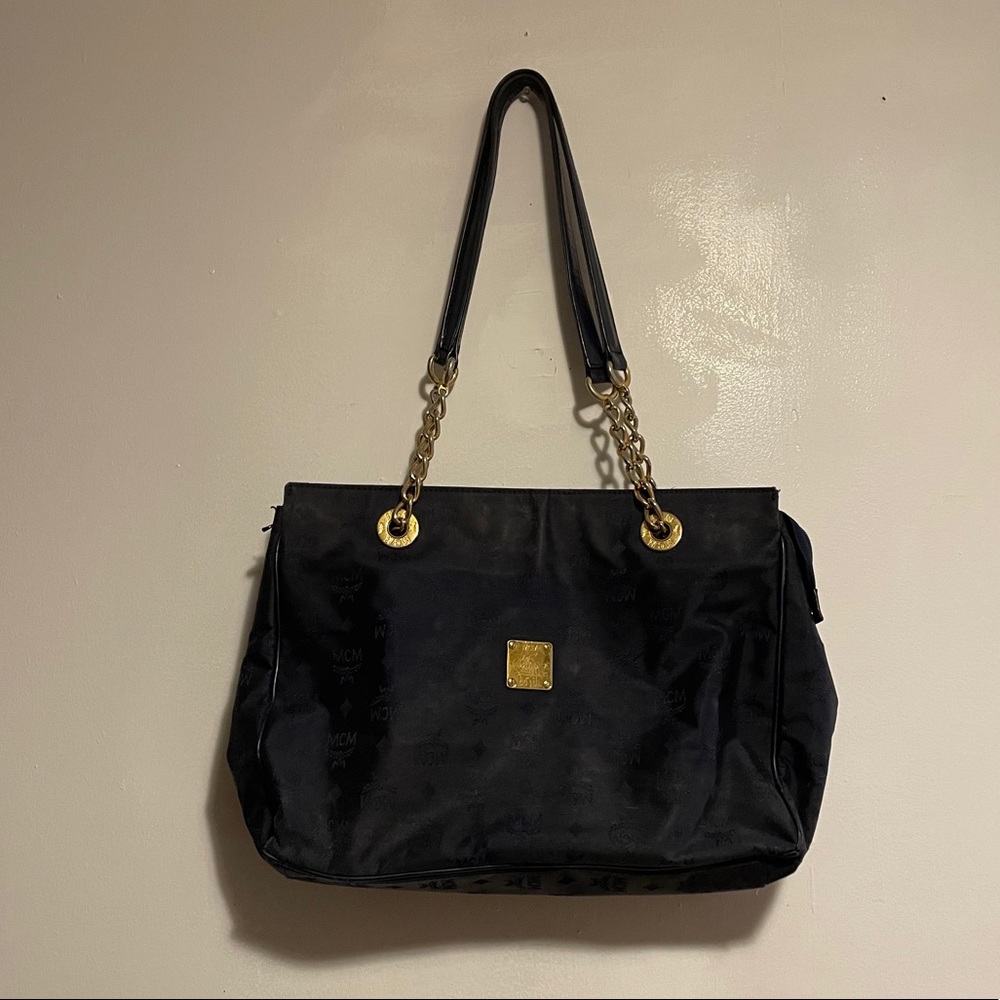 Preowned MCM Navy Blue Nylon Visetos Chain Tote